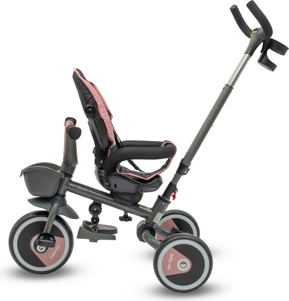 tricikletë fëmijësh 5n1 me shufër udhëzuese, BABY MIX RELAX, sedilje rrotulluese 360°, kornizë çeliku, rrota EVA, rozë