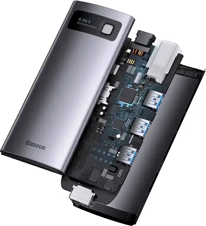 Hub Baseus StarJoy Series WKWG080013, 6-në-1, USB-C në 3x USB 3.0, HDMI, USB-C PD, RJ45, Gri