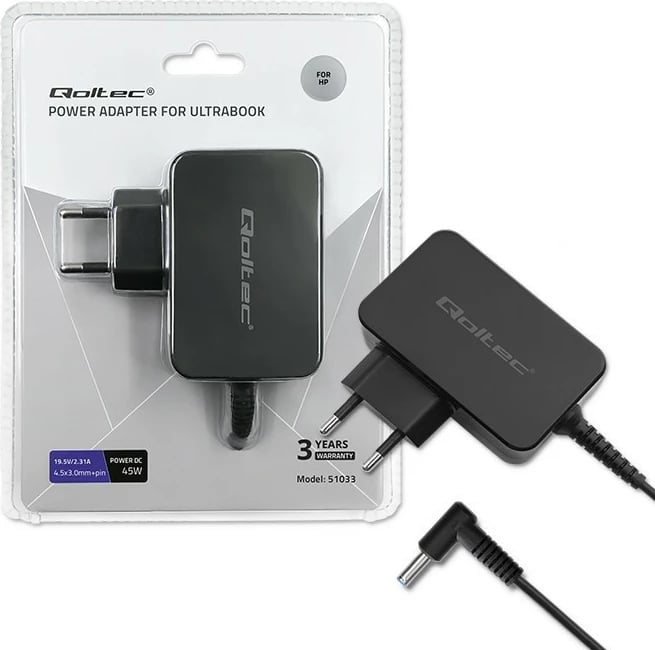 Adapter rryme për ultrabook Qoltec 51033, 45W, 19.5V, 2.31A, 4.5x3.0+pin, i zi