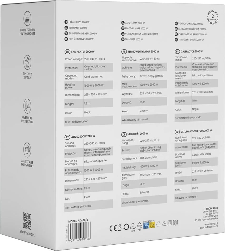 Ngrohës me ventilator, Savio, AD-02/B, 2000 W, 3 mënyra ajrimi, termostat, mbrojtje nga mbinxehja, i zi