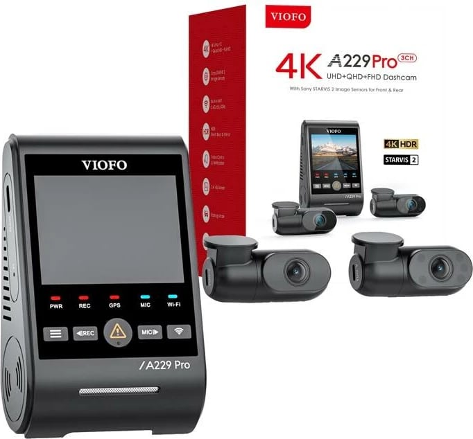 Video regjistrues veture Viofo A229 Pro 3CH, 4K + 2K + 1080P, WiFi, GPS, i zi, set me 3 kamera