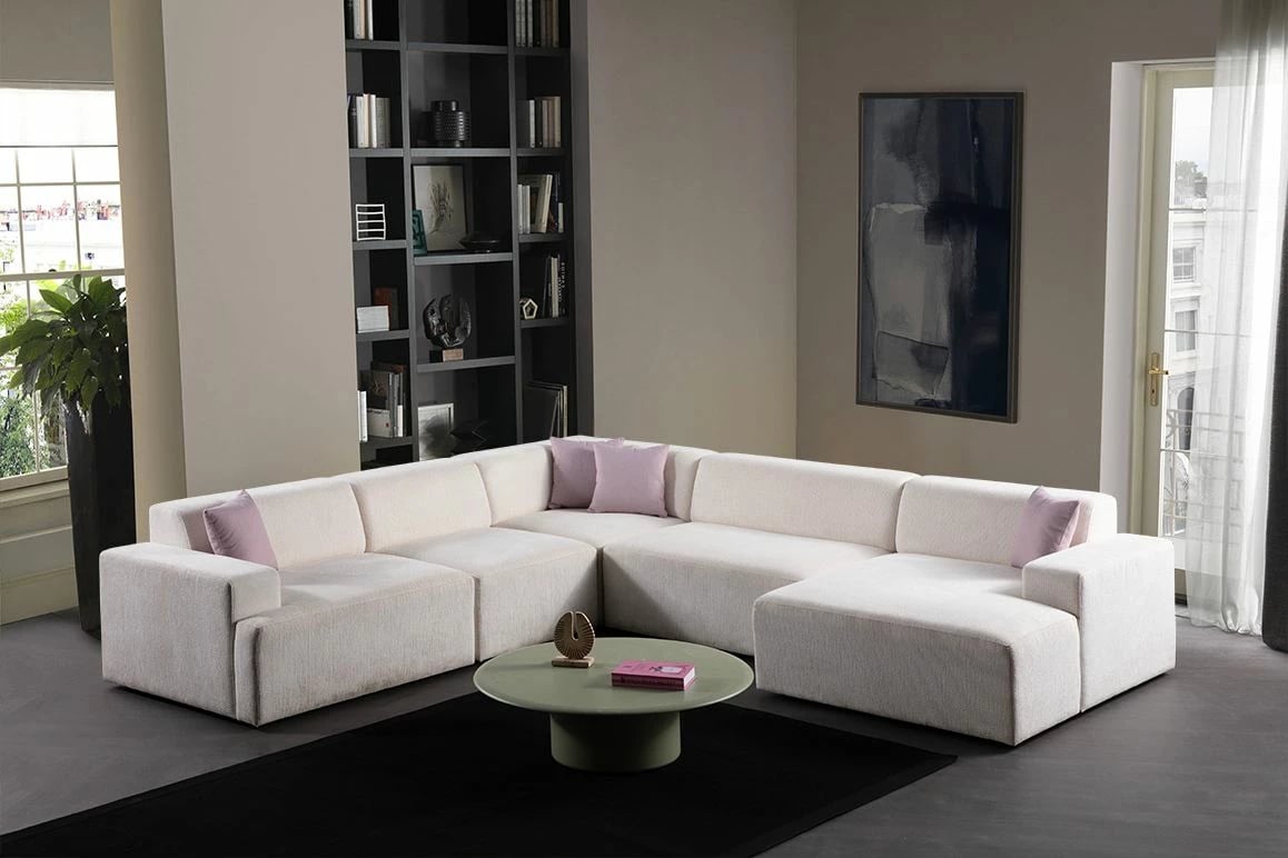 Kënd-sofë Melva, e bardhë, Atelier del Sofa (L1,5 + O1 + C + O2 + Chl Djathtas + Stol)