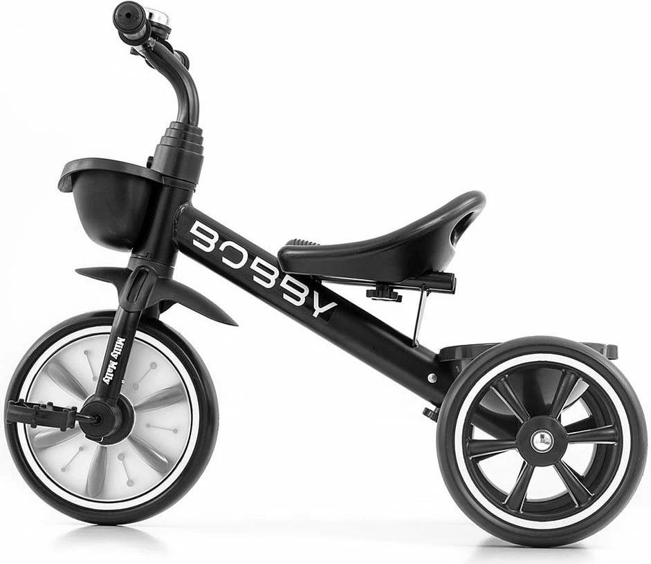 tricikletë fëmijësh, Milly Mally Bobby, kornizë çeliku, rrota EVA, pedale të heqshme, dy shporta, e zezë