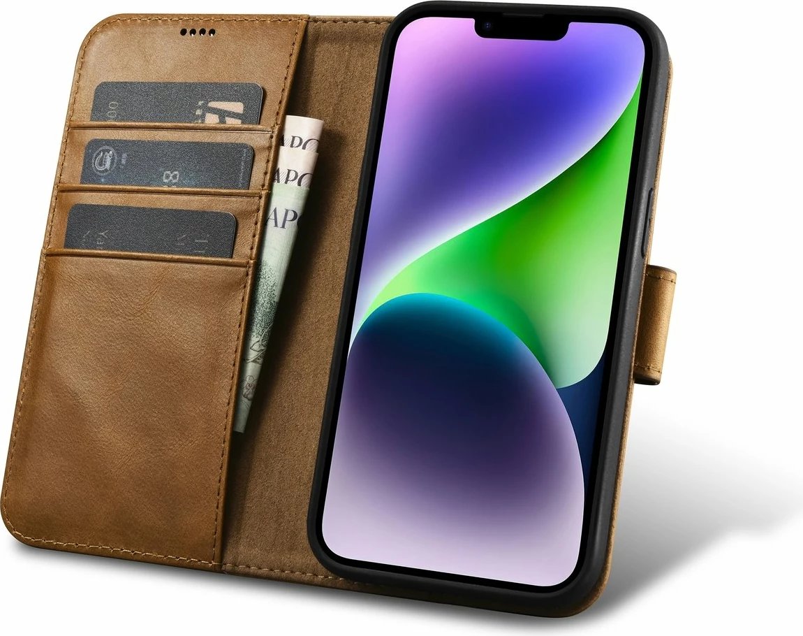 Mbështjellës iCarer Oil Wax Wallet Case 2in1 për iPhone 14, lëkurë, Anti-RFID, Kafe