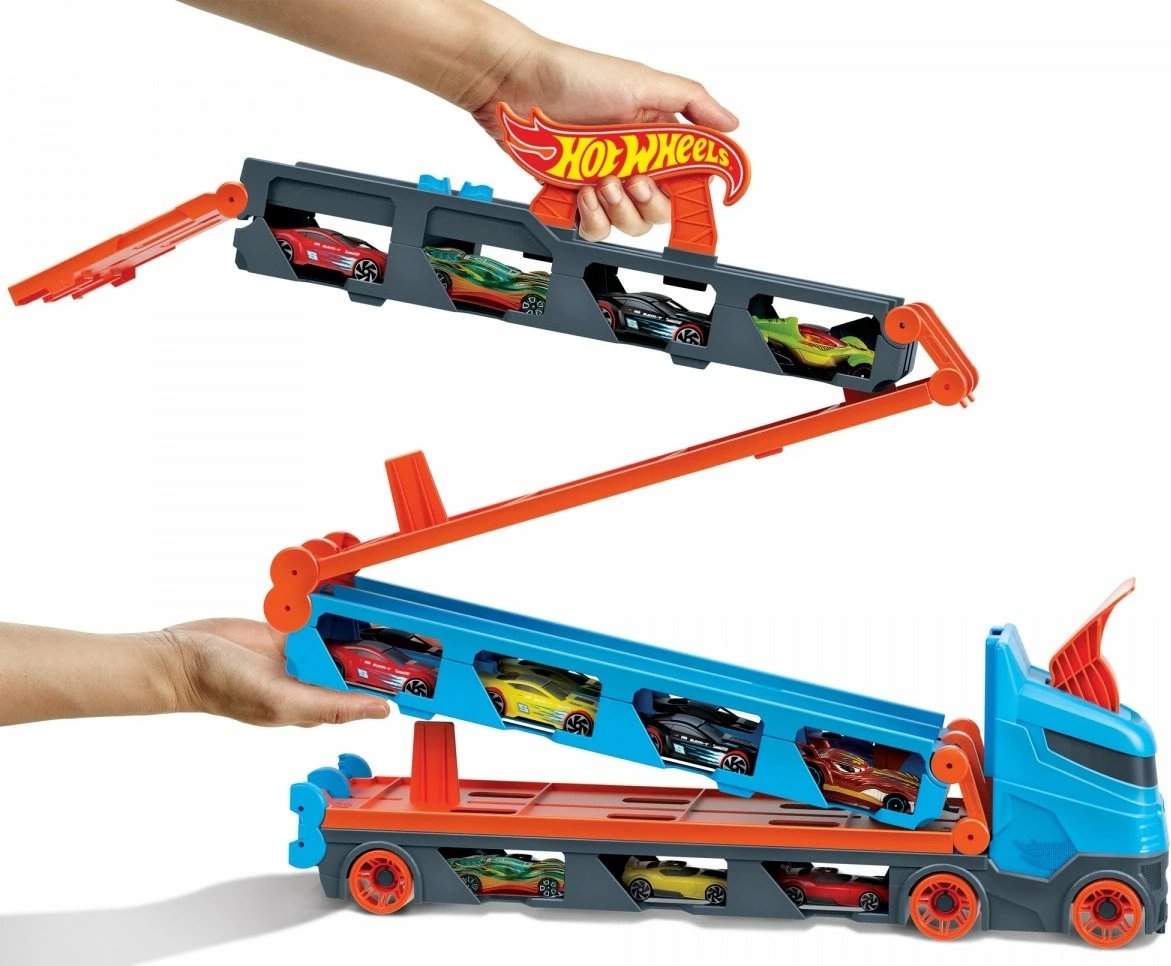 Kamion lodër Hot Wheels Race Transporter 2-in-1 me 3 makina, kaltër/hiri/portokalli