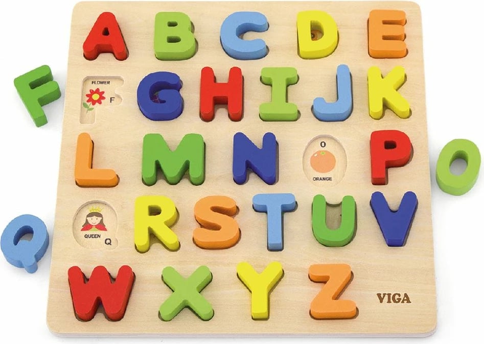 Puzzle alfabeti druri, Viga, Alphabet wooden jigsaw, 30x30 cm, bazë me figura, 26 shkronja 3D, për 18m+, multicolor, set 27 pjesë