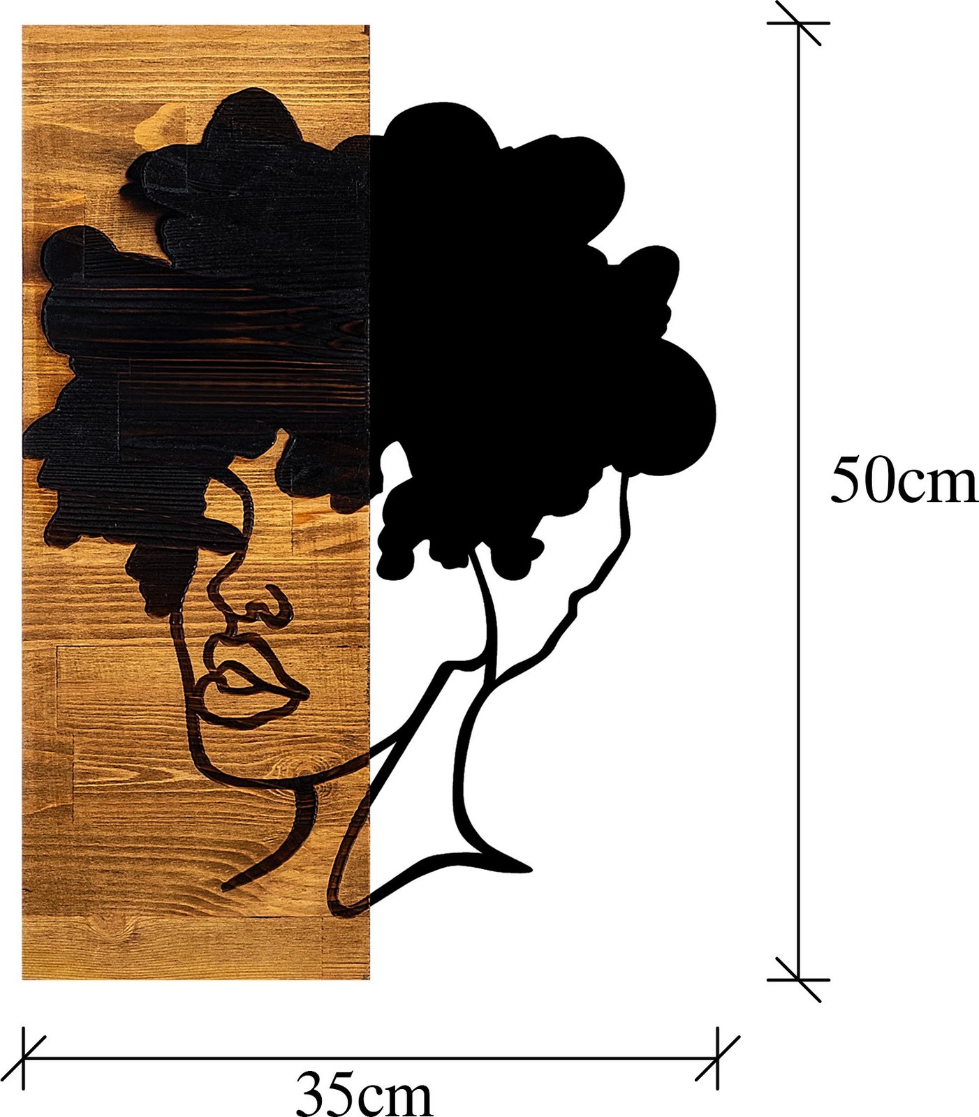 Aksesor dekorativ për mur, dru dhe metal, figurë gruaje afrikane, ngjyrë e zezë dhe arre e çelët, 35x3x50cm