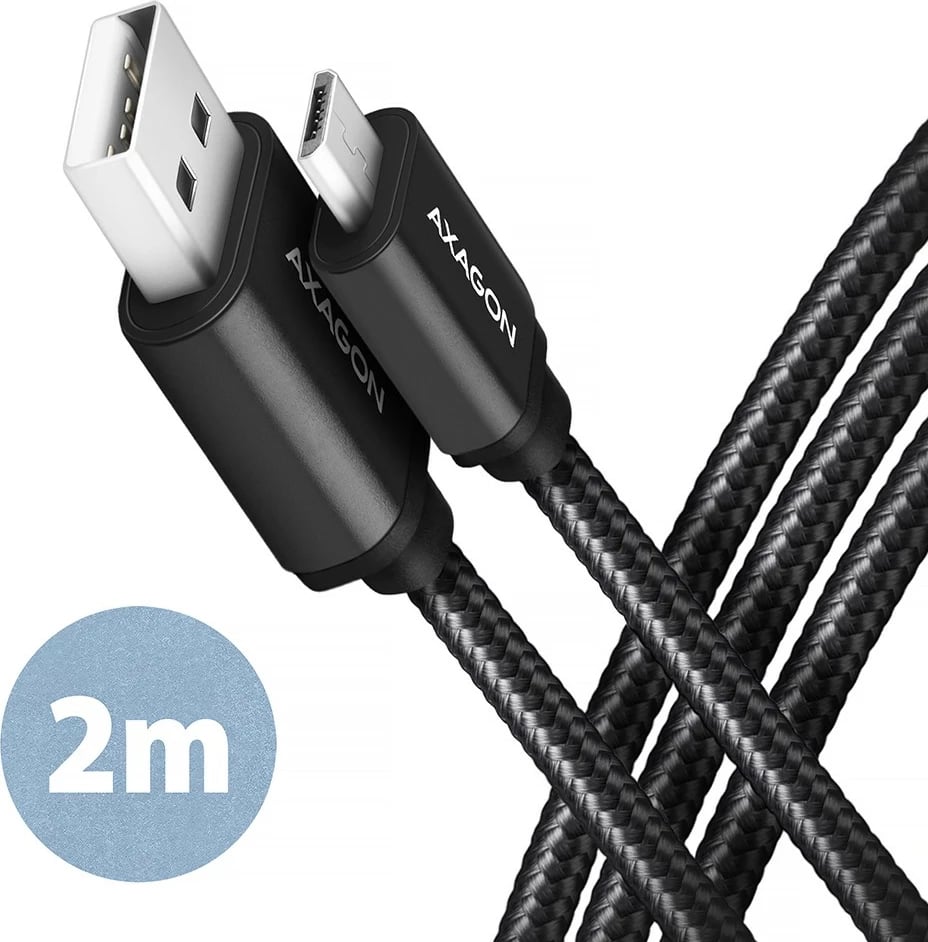 Kabllo Micro USB AXAGON BUMM-AM20AB, 2m, USB 2.0, 2.4A, e zezë, najlon