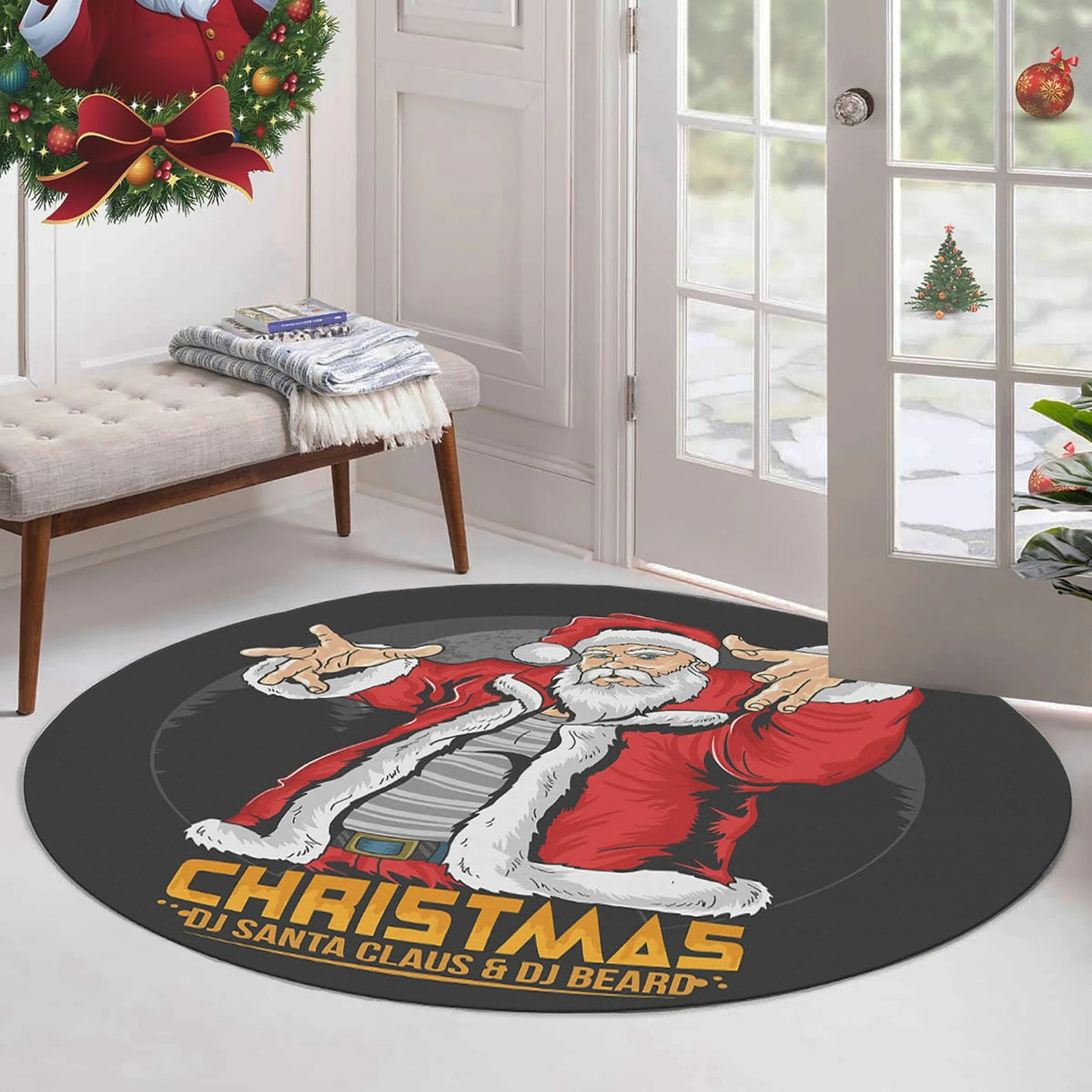 Qilim i rrumbullakët, dizajn me Santa Claus DJ, shumëngjyrësh, 90cm