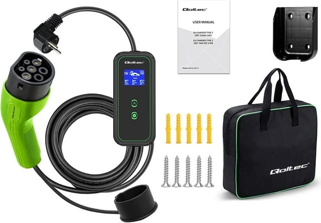 Karikues portativ për vetura elektrike Qoltec 52470, Type 2, 3.5kW, 230V, 5m, zi/gjelbër