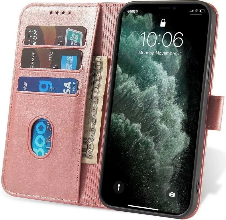 Mbështjellës Hurtel Magnet Case për Xiaomi Poco M4 Pro 5G, me kapak dhe mbështetëse, rozë