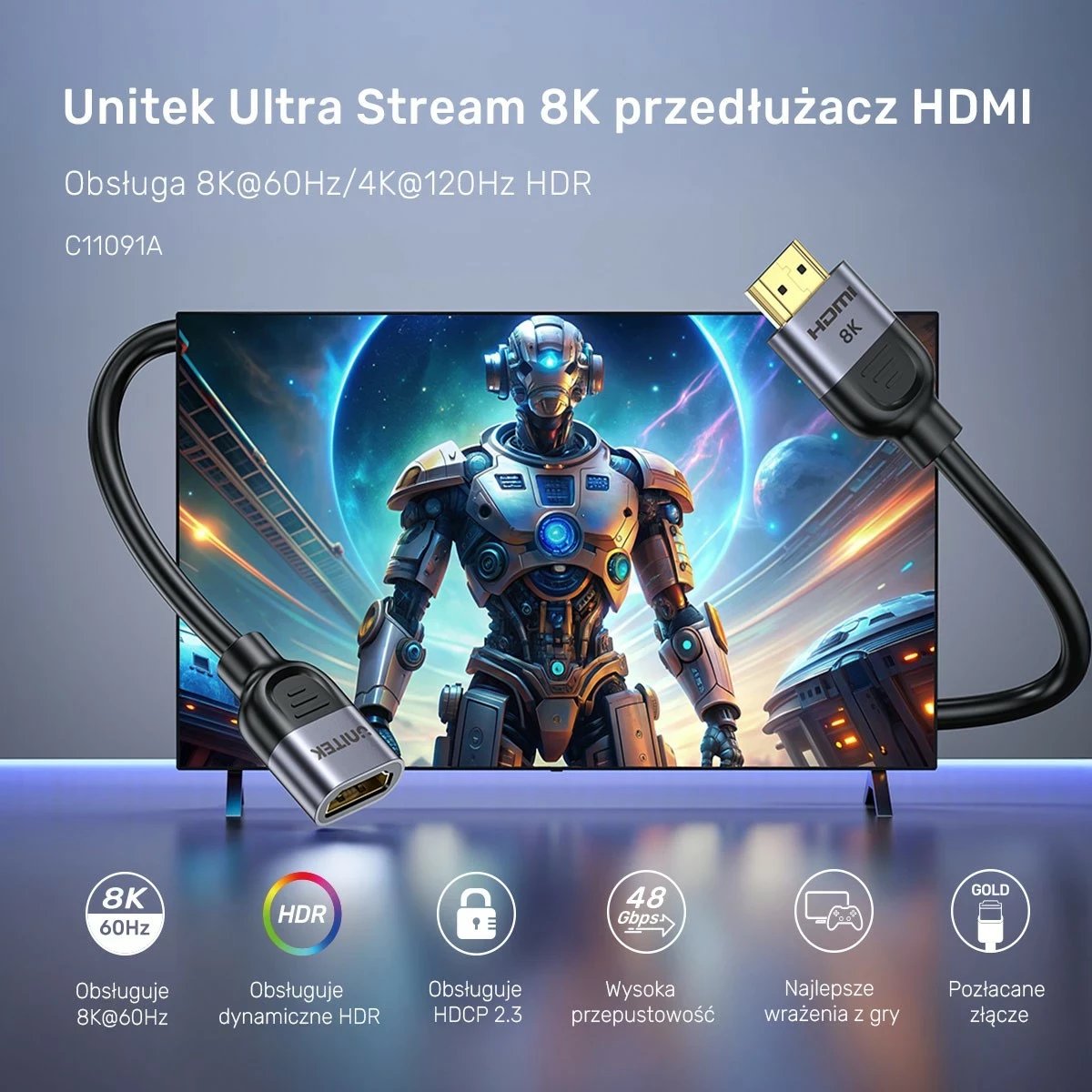 Kabllo HDMI extender Unitek 8K 1.5m, argjendë-e zezë