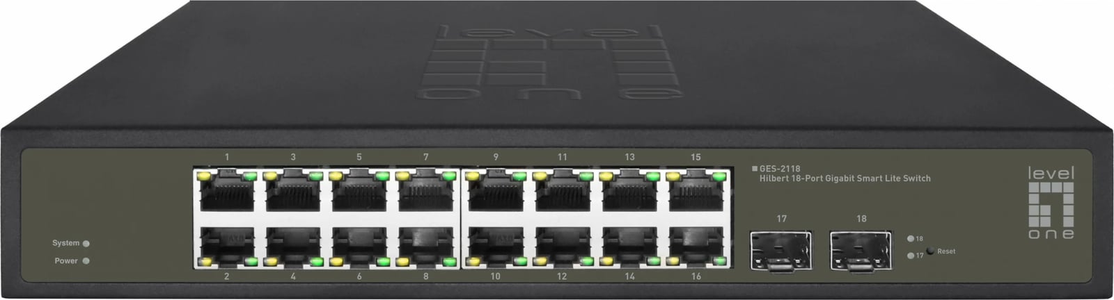 Switch LevelOne Hilbert 18-Port Gigabit Smart Lite, 16 x Gigabit RJ45, 2 x Gigabit SFP, i menaxhuar, montim në rack