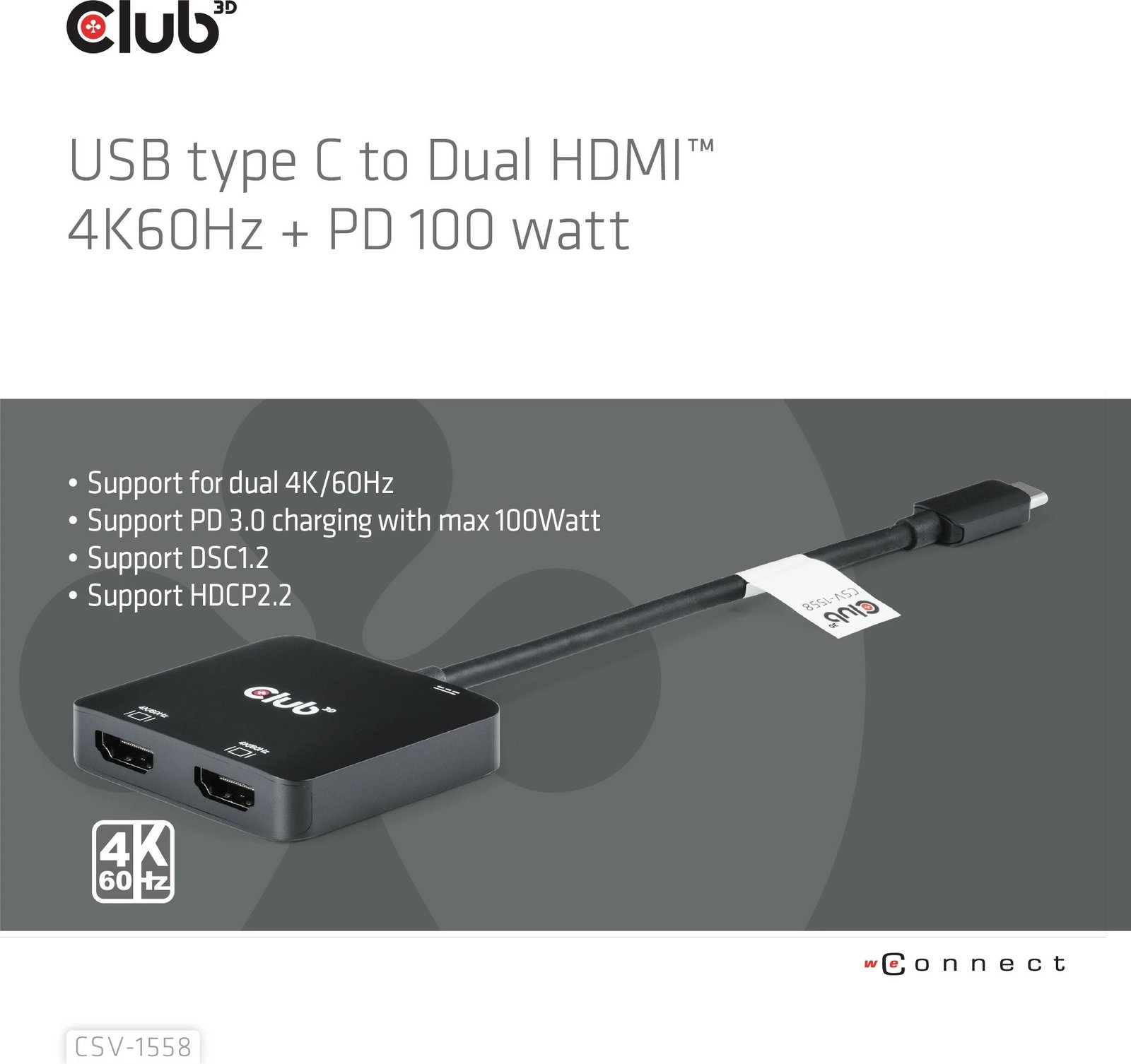 Adapter Club3D MST-Hub USB Type-C në 2x HDMI 4K60Hz + 100W PD, i zi