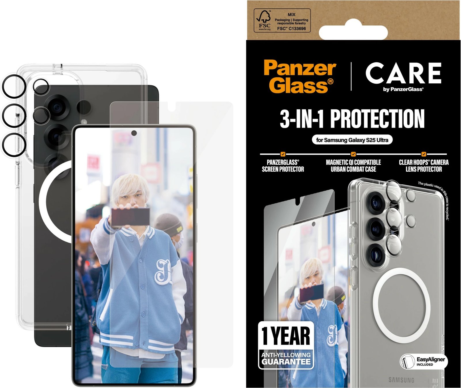 Mbështjellës PanzerGlass për Samsung Galaxy S25 Ultra, set 3-në-1, transparent
