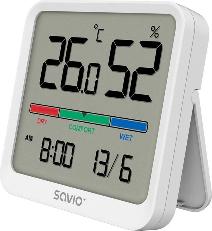 Sensor temperature dhe lagështie Savio CT-01/W, me ekran LCD, orë dhe datë, i bardhë