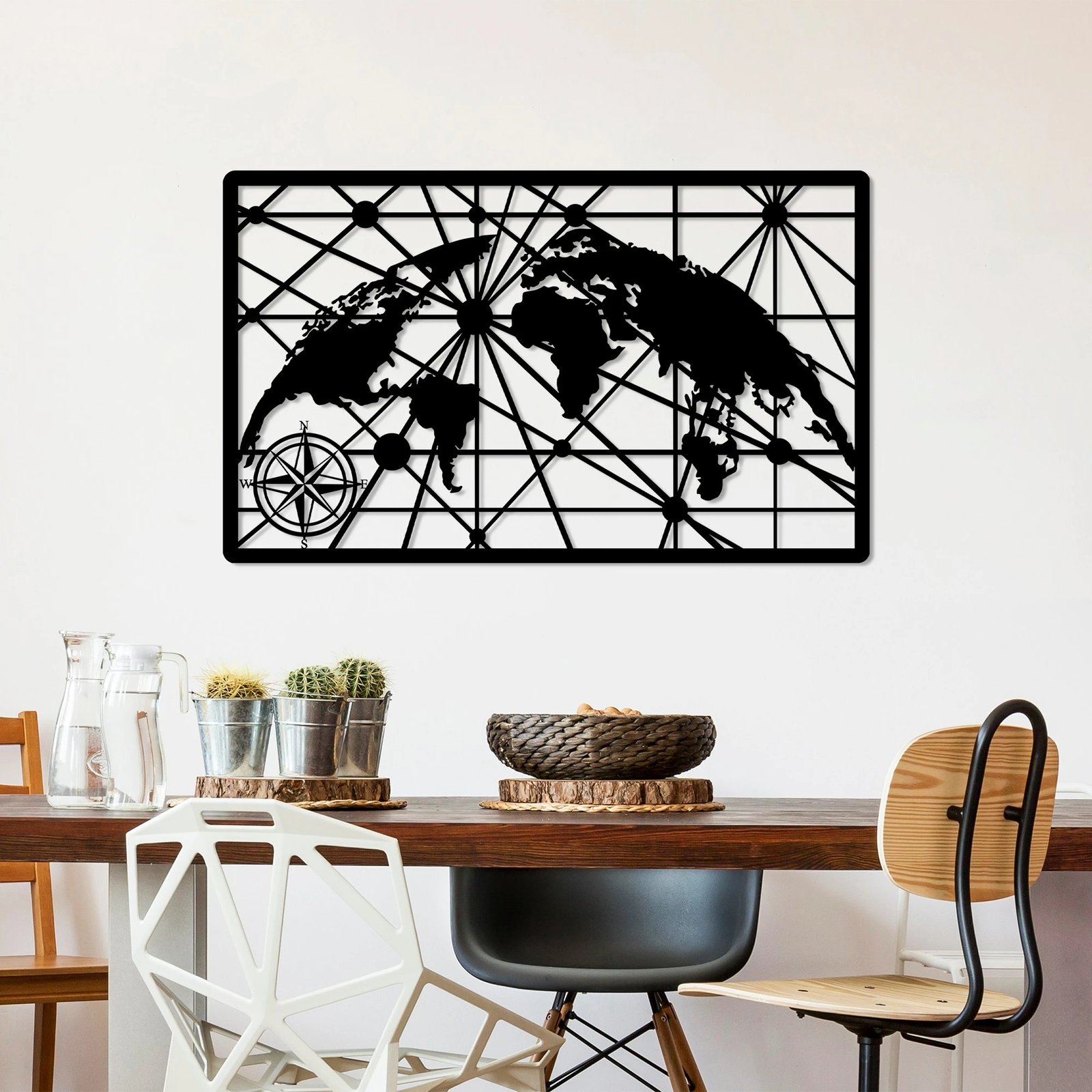 Aksesor dekorativ metalik për mur, hartë bote, Wallity, 60x100cm, ngjyrë e zezë