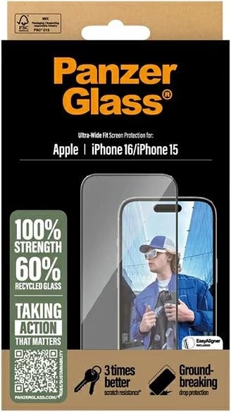 Mbrojtës ekrani PanzerGlass për iPhone 16, 6.1 inç, Ultra-Wide Fit