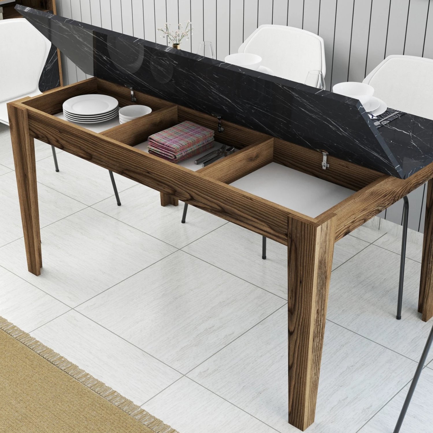 Tavolinë ngrënieje standard, FH9507.05, melaminë, ngjyrë arre, pamje mermeri të zi, me hapësirë ruajtjeje, 145x88x75H cm