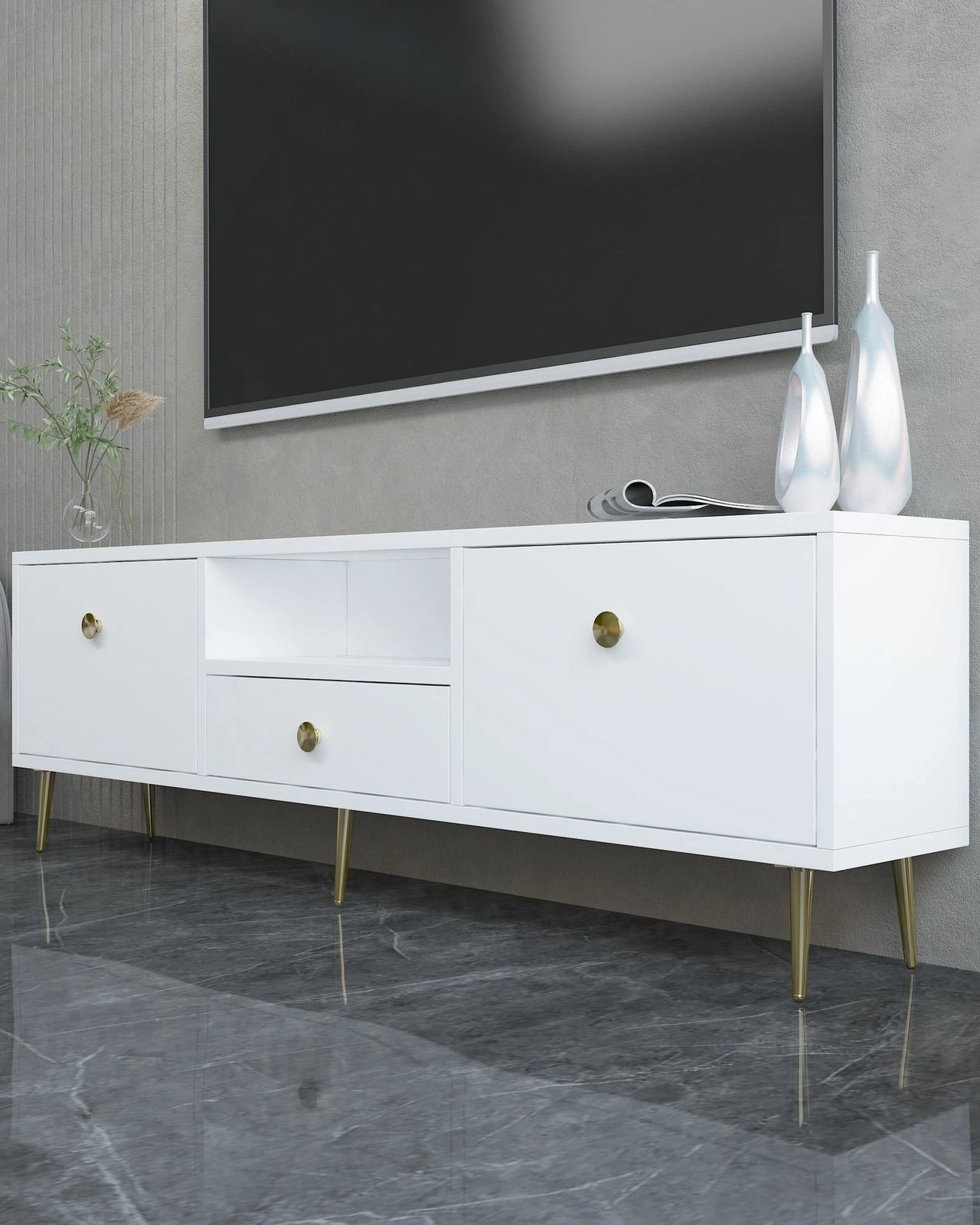 Komodë TV Skye Decor, e bardhë, e artë, 1307-DROP-1