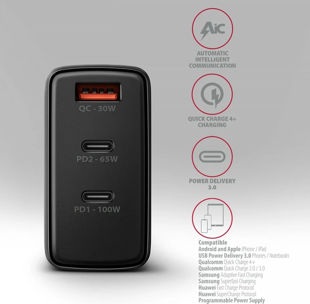 Karikues udhëtimi AXAGON ACU-DPQ100, 100W, 3 porta (USB-A + 2x USB-C), GaN, i zi