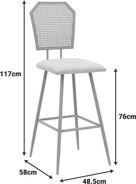 Karrige për bar Camilla I, ratan PE natyral, stof natyral, metal natyral, 47.5x58x117cm (2 copë)