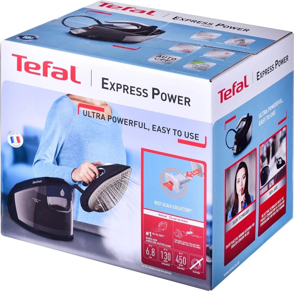 Hekur Tefal SV8062, 1.8 L Durilium AirGlide Autoclean, Zi dhe Argjendtë
