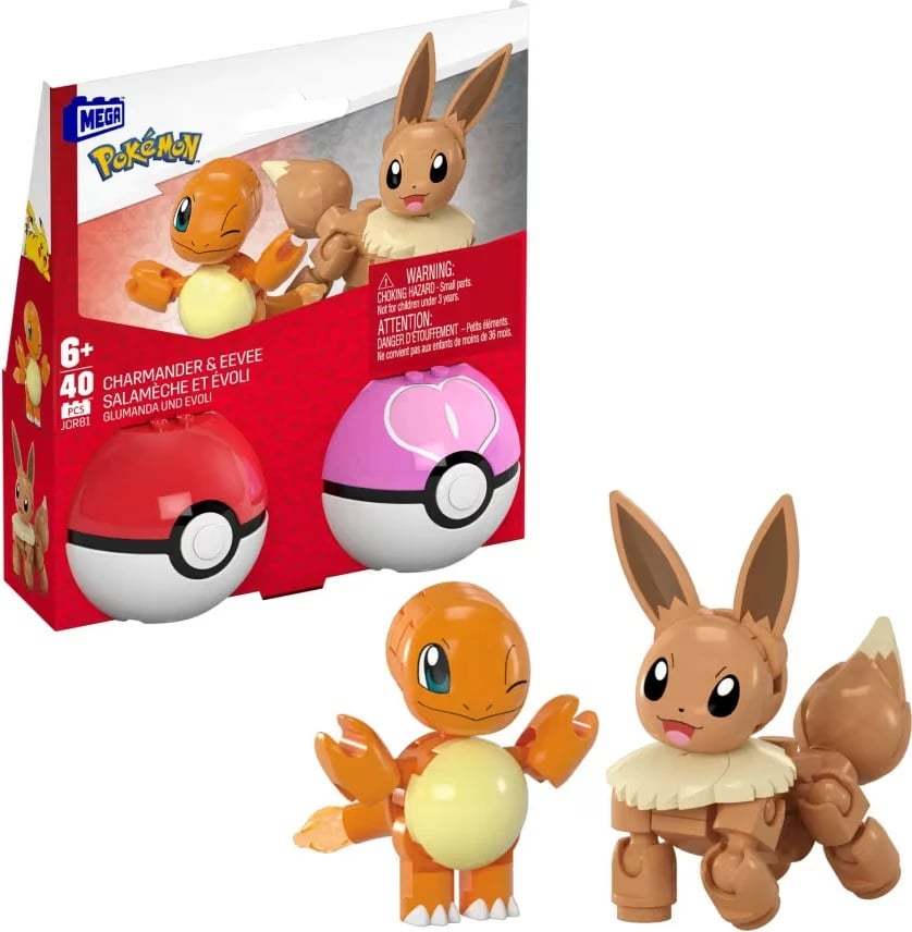 Set lodrash Mega Bloks Pokemon Pokeball 2-pack Charmander dhe Eevee, plastikë, 40 pjesë