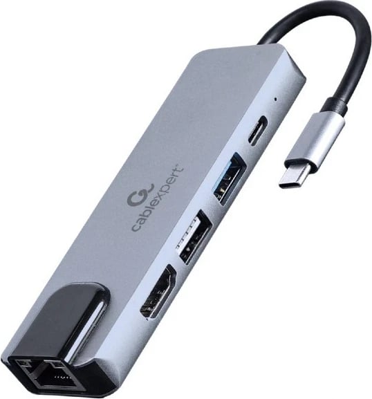 Adapter me shumë porte Gembird A-CM-COMBO5-04, USB Type-C 5-në-1 (Hub + HDMI + PD + LAN), Argjendtë