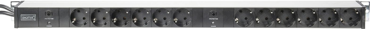 Prizë rack Digitus DN-95405, 12 Schuko, 2x2m kabllo, 1U, mbrojtje mbingarkese, zi/argjendtë
