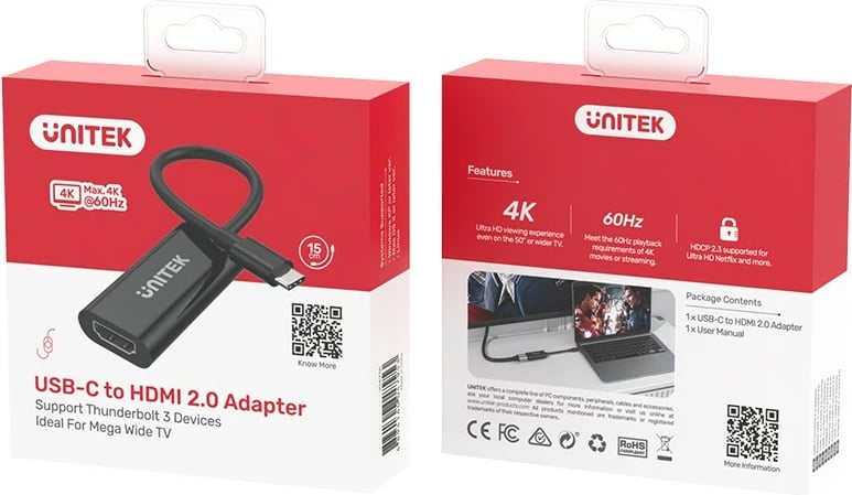 Adapter Unitek USB-C në HDMI 2.0, 4K 60Hz, V1421A, i zi