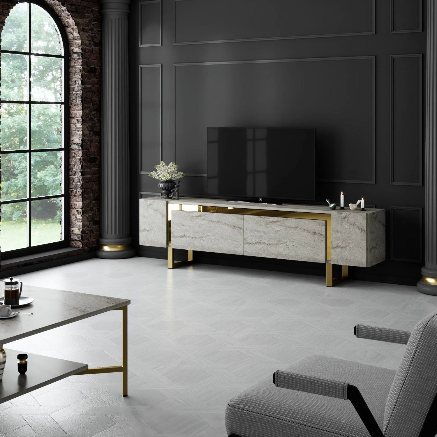 Komodë TV Hanah Home, Yildiz, travertin dhe ari