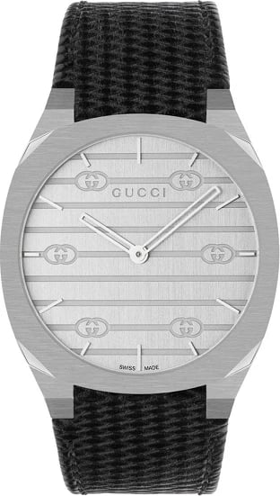 Orë dore GUCCI YA163419, unisex, e argjendtë me rrip të zi