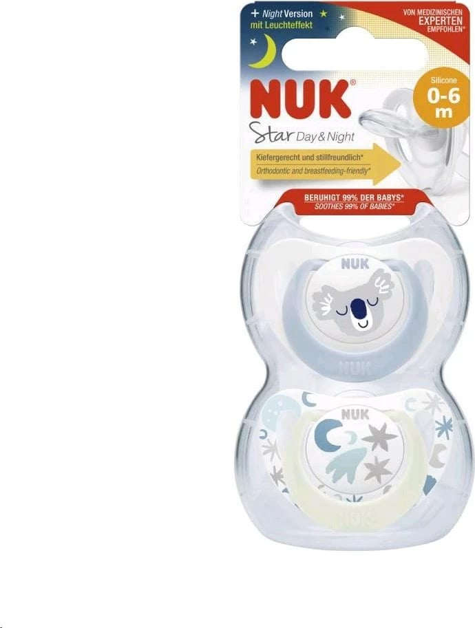Cicë qetësuese, NUK, Star Day & Night, 0-6 muaj, me ndriçim natën, për djem, blu, set 2 copë me kuti