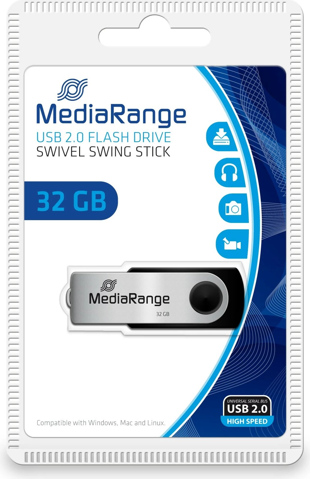USB flash MediaRange MR911 32GB, USB 2.0, swivel, zi/argjendtë