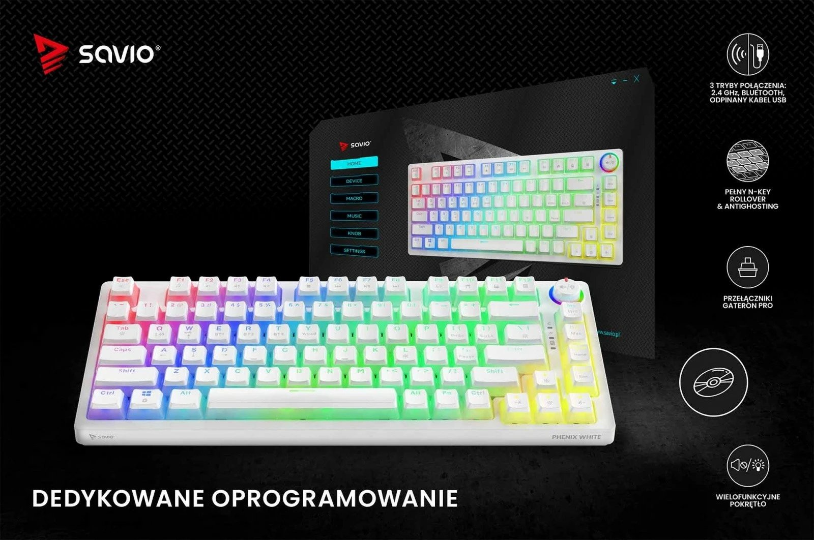 Tastierë mekanike wireless Savio PHENIX WHITE Gateron Red Pro, 82 tasta, RGB, e bardhë Tastierë mekanike wireless Savio PHENIX WHITE Gateron Red Pro, 82 tasta, RGB, e bardhë