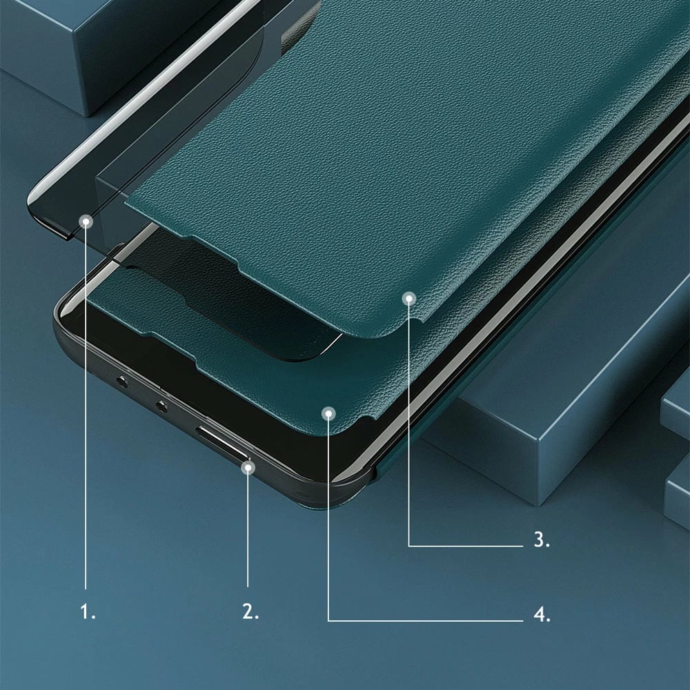 Mbështjellës Hurtel Eco Leather View Case për Samsung Galaxy A22 4G, me kapak dhe mbajtës, e zezë