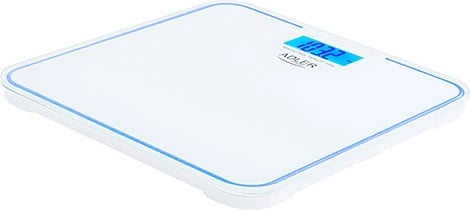 peshore banjoje Adler AD 8183 180 kg ekran LCD me ndriçim blu platformë qelqi njësi kg/lb/st e bardhë