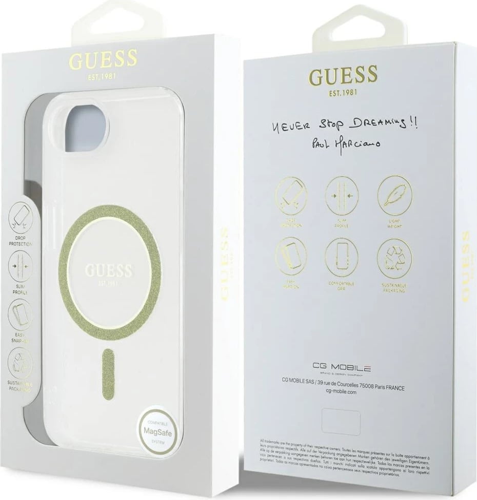 Mbështjellës Guess IML Glitter Circle MagSafe për iPhone 16e, Transparent Mbështjellës Guess IML Glitter Circle MagSafe për iPhone 16e, Transparent