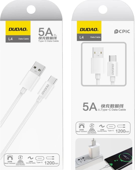 Kabllo Dudao L4T, USB në Type-C, 1m, 2.1A, Bardhë