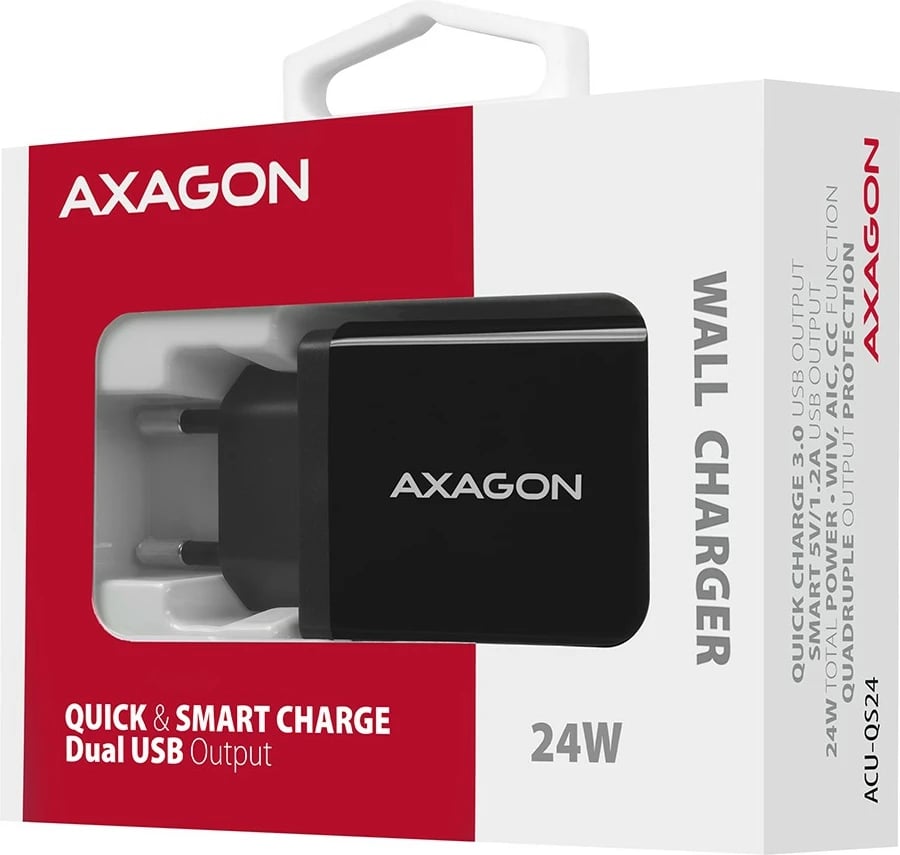 Karikues rrjeti AXAGON ACU-QS24, 24W, 2x USB-A, QC3.0/AFC/FCP, i zi