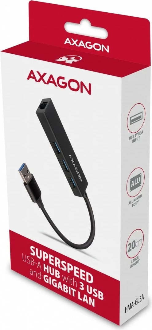 Kasë AXAGON HMA-GL3A multiport USB hub 4n1, 5Gbps, 3x USB-A + GLAN, metal, kabllo USB-A 20cm, e zezë