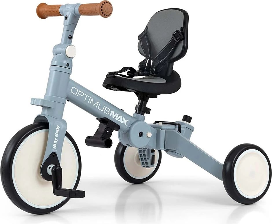 tricikël 5‑në‑1 me dorezë prindi, Milly Mally, Optimus Max, rrota shkumë, sedile e rregullueshme, 12–36 muaj, blu denim