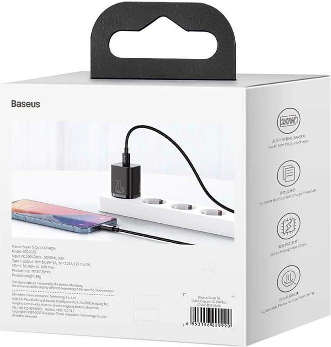 Mbushës i shpejtë Baseus Super Si Quick Charger 1C, 20W, USB-C, i zi
