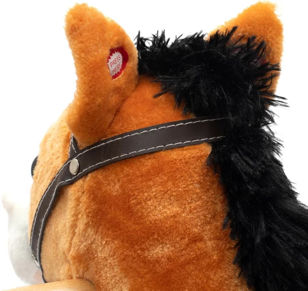 Kalë lëkundës, Baby Mix, Lightning, interaktiv me melodi dhe lëvizje, me shami, shina dhe doreza druri, deri 25 kg, 18m+, kafe