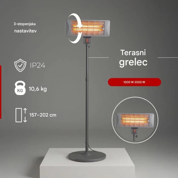 Ngrohës halogjen në këmbë CAMRY CR7737 2000W, IP24, lartësi e rregullueshme 157–202 cm, gri