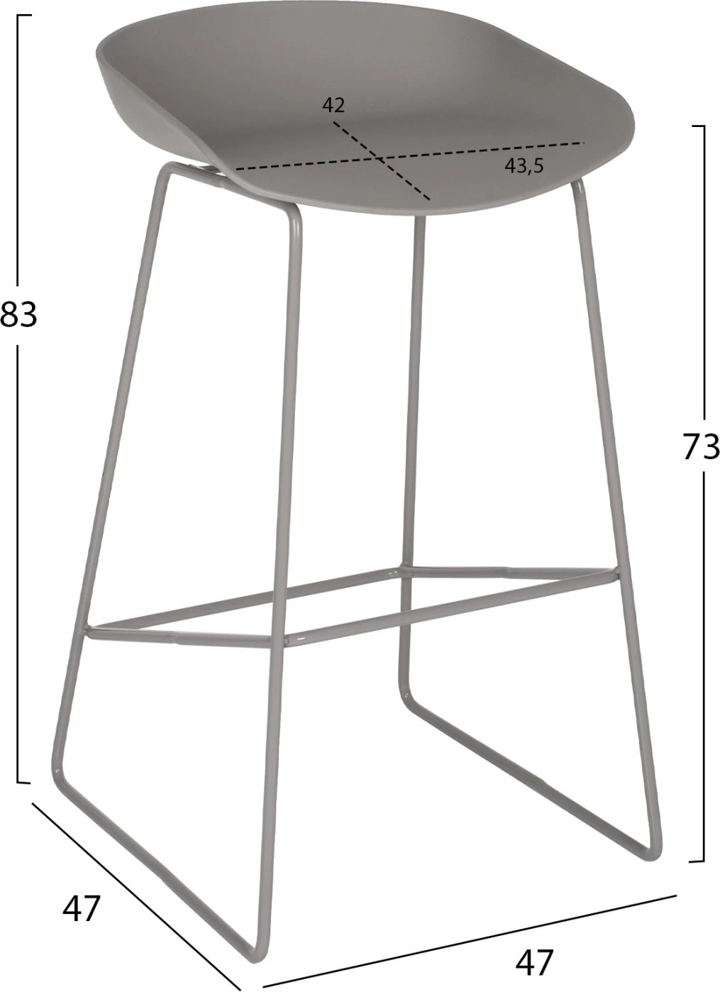 Karrige për bar metalike FH8450.10 me ulëse gri PP 47x47x83cm, set prej 2 copë