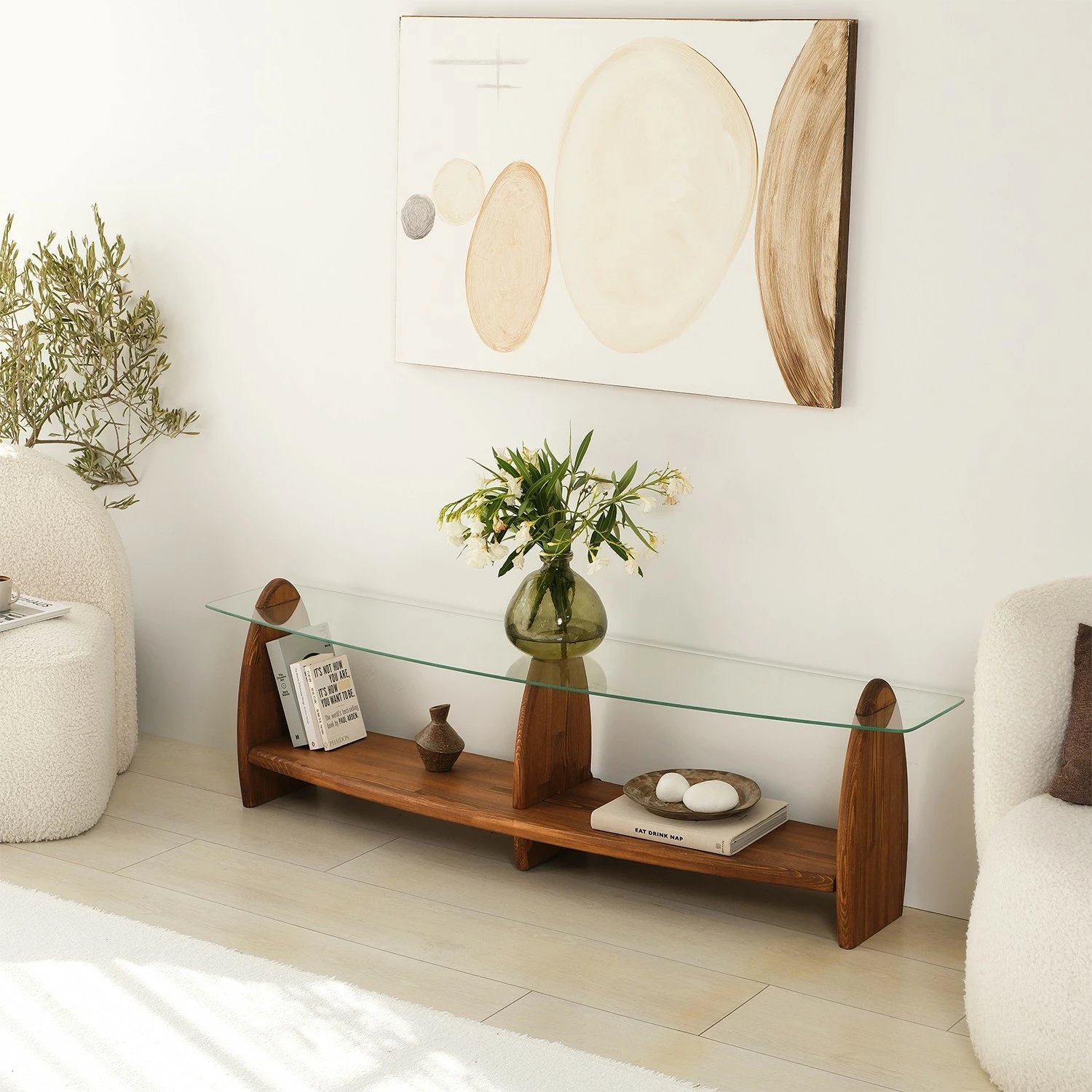 Komodë TV Skye Decor, ngjyrë gështenjë, xham transparent