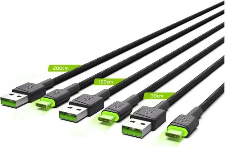 Kabllo Green Cell USB-C Typ C 30cm, 1,2m, 2m LED Green Cell Ray, szybkie ładowanie QC 3.0 Kabllo Green Cell USB-C Typ C 30cm, 1,2m, 2m LED Green Cell Ray, szybkie ładowanie QC 3.0