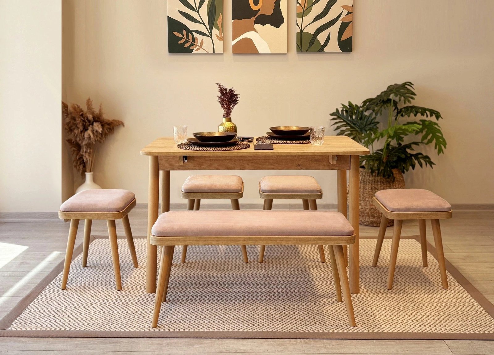 Tavolinë me karrige, zgjatshme, 6 copë, Skye Decor, Vina Mini 06 0900, ngjyrë lis dhe gur